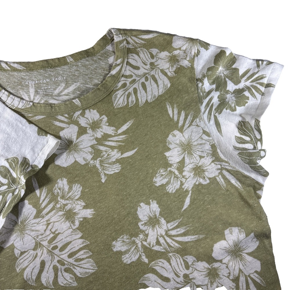 American Eagle Women's T Shirt Green Floral Print Short Sleeve Size M Cap sleeve